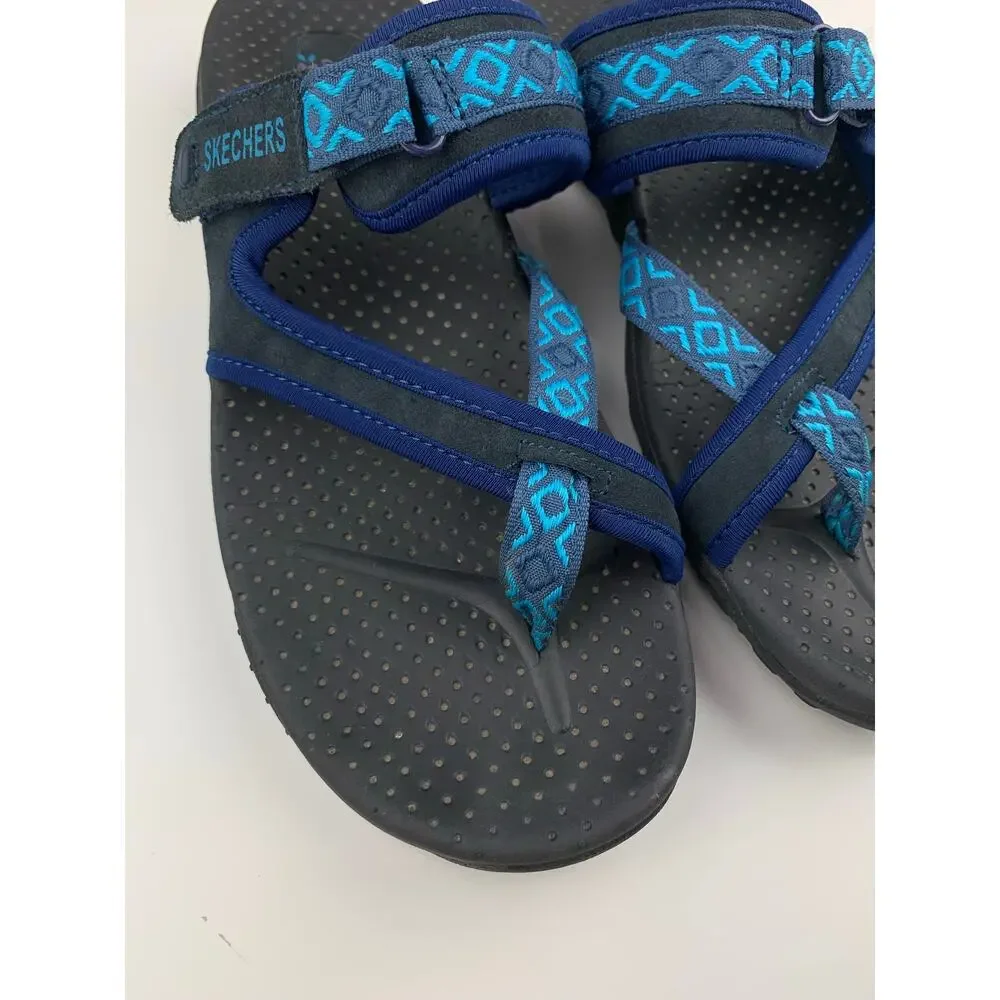 Skechers Reggae Trailway Sandals Slip On Toe Loop Black Blue Outdoor Women's 10